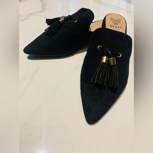 Slide On Black Suede Mules. Leather Tassels With Gold Details